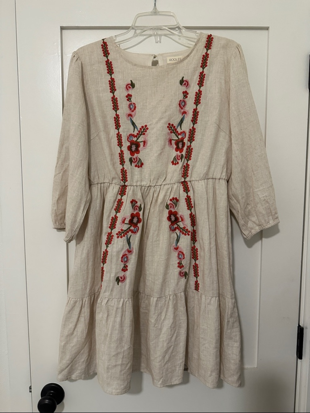 Roolee Cream Dress with Red & Pink Floral Embroidery size M